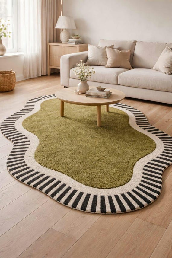 Organic Shape Nursery Rug, Olive Green Hand Tufted New Zealand Wool Carpet