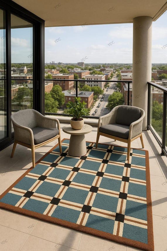 Hand-Tufted Mid-Century Modern Geometric Grid Design: New Zealand Wool Rug