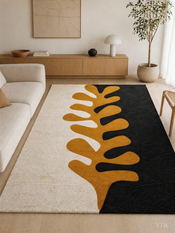Hand Tufted Modern Abstract Rug, Black Light Beige Mustard Wool Area Rug