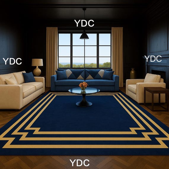 Hand Tufted Wool Rug: Modern Blue Carpet with Geometric Border