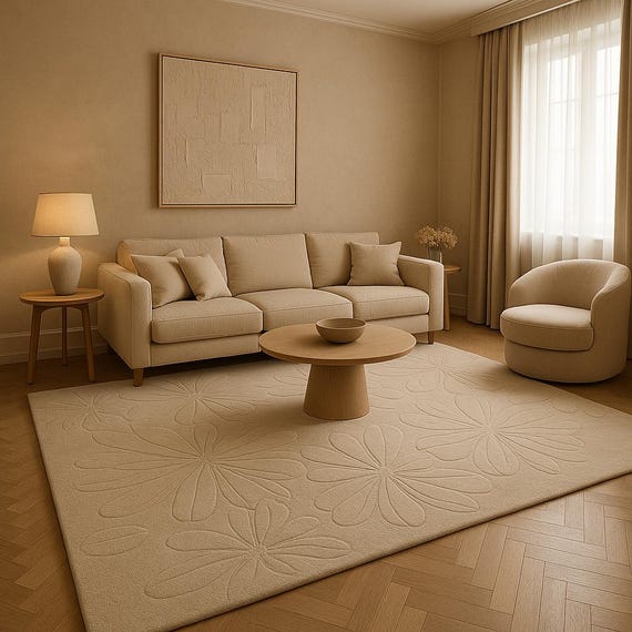 A Hand Tufted Floral Fantasy in Ivory, "Elegant Embossed Blooms" "Textured Petals in Neutral Tones, "Creamy Carved Floral Rug By-YDC