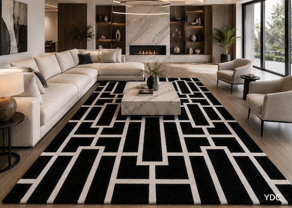 Hand Tufted Geometric Rug, Black White Greek Key Wool Area Carpet
