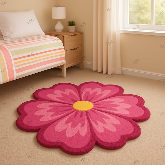 Pink Flower Kids Rug | Hand Tufted Wool Carpet | Floral Nursery & Playroom Decor