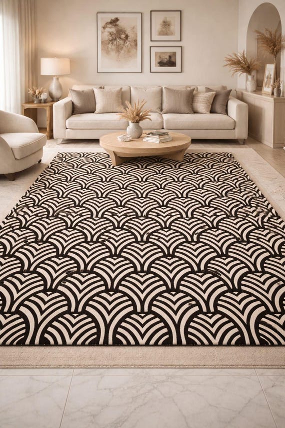 Aesthetic hand tufted wool rug with dark background and light lines resembles natural pattern for home decor, office, kids room and more.