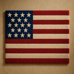 Puede incluir: Una alfombra de bandera americana roja, blanca y azul con una superficie texturizada. La bandera tiene 13 rayas horizontales y 50 estrellas blancas sobre un campo azul.
