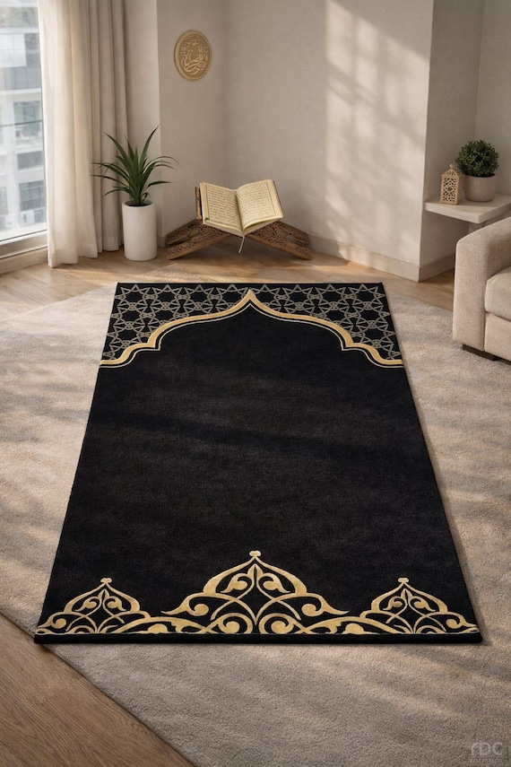Black Gold Prayer Rug, Hand Tufted New Zealand Wool Islamic Salah Carpet