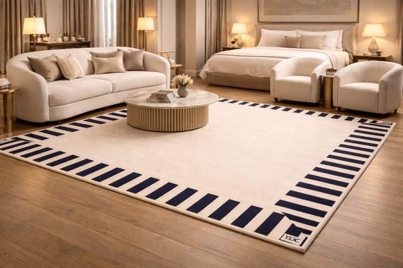 Aesthetic hand tufted wool rug with dark background and light lines resembles natural pattern for home decor, office, kids room and more.