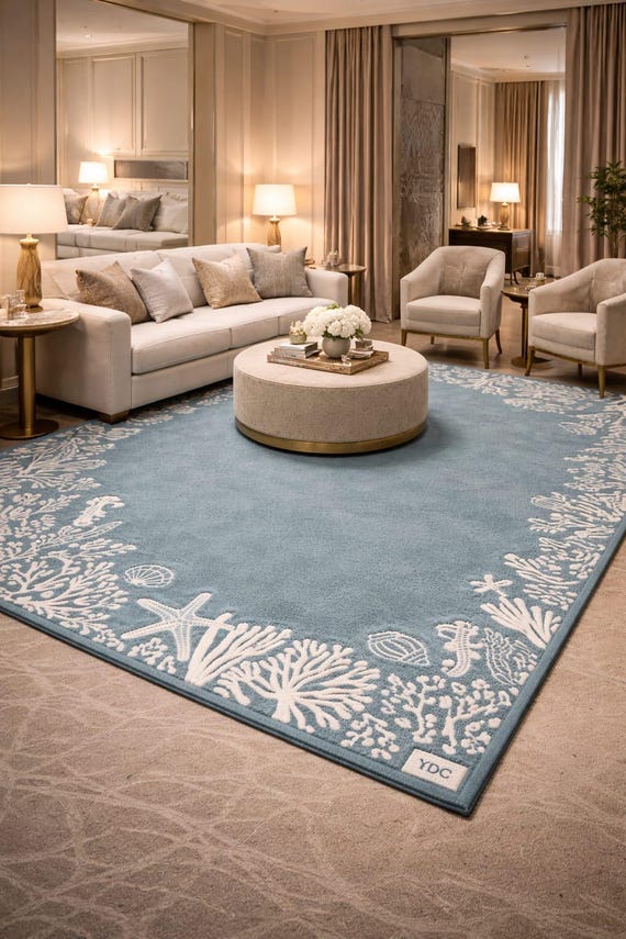 Hand Tufted Coastal Blue Area Rug – Nautical Living Room & Balcony Décor