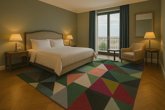 Geometric Symphony: Hand-Tufted Wool Rug in Vibrant Hues" for Home Decor, Office and many more  By- YDC