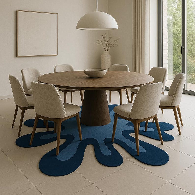 Op de afbeelding: Een moderne eethoek met een ronde houten tafel met een donkerbruine voet, omringd door acht beige gestoffeerde stoelen met houten poten. Een blauw, abstract gevormd tapijt ligt onder de tafel. Een witte hanglamp hangt erboven.