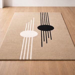 Hand Tufted Modern Rug, Black White Abstract Lines, Beige Geometric Carpet