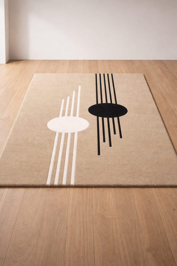 Beige Abstract Modern Area Rug, Hand Tufted New Zealand Wool Geometric Carpet