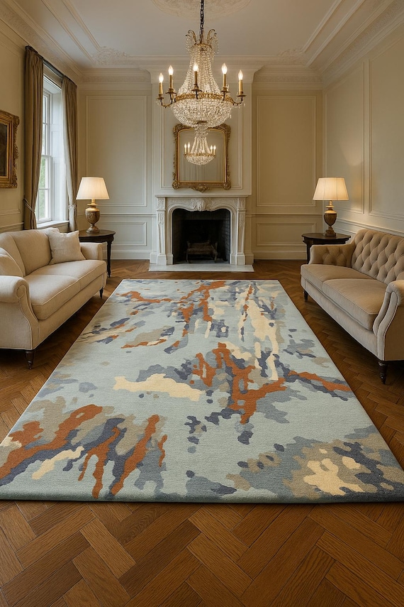 Abstract wool Area Rug in Blue and Orange Tone Contemporary Rug with Artistic Design Textured Rug for Home Decor Living Room Rug Mfd By-YDC