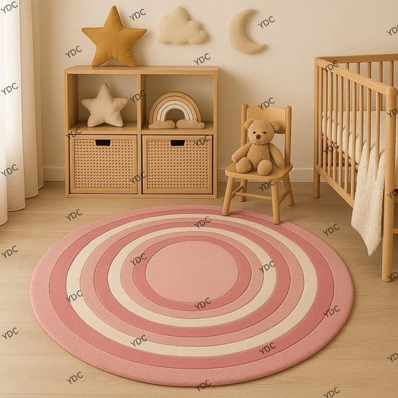 Pink Kids Round Rug | Hand-Tufted Nursery Carpet | Baby Room Decor | Soft Wool Circle Rug