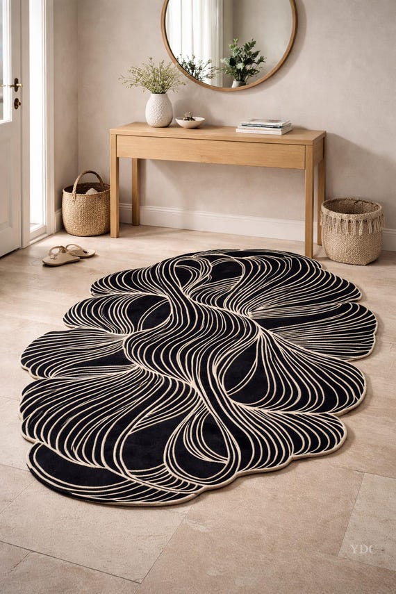 Organic Abstract Shape Rug, Black Hand Tufted New Zealand Wool Carpet