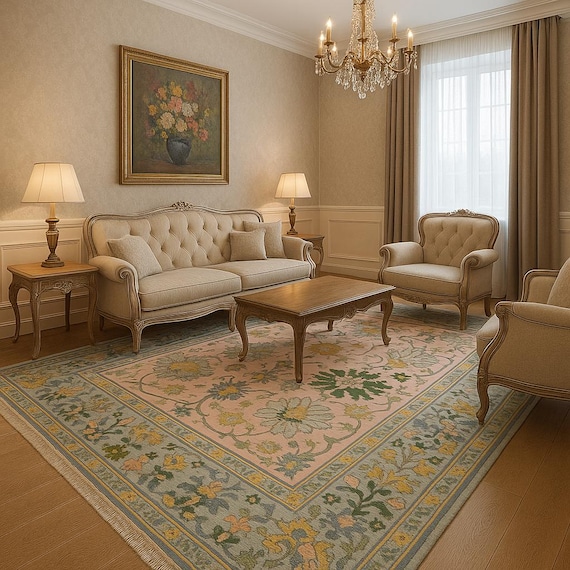 Hand Knotted Pink Oushak Rug: Vintage Floral Medallion, Sweet Bonnie Wool