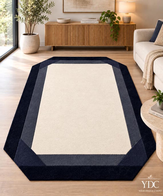 Octagon Geometric Border Rug | Hand Tufted Wool Carpet | Modern Area Rug