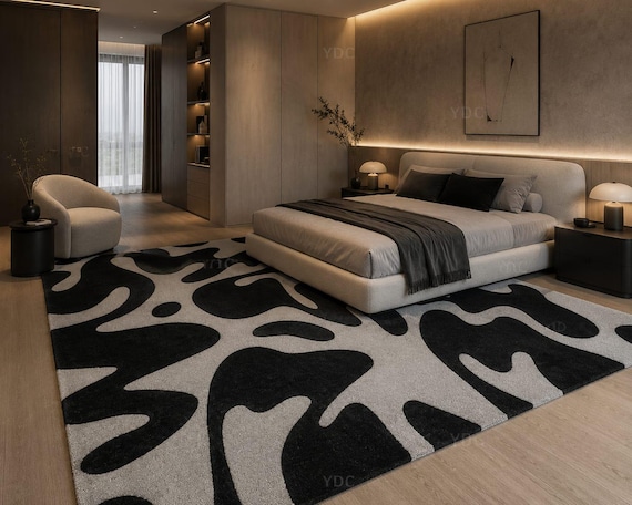 Hand Tufted Abstract Rug, Black & Silver Modern Area Rug Carpet