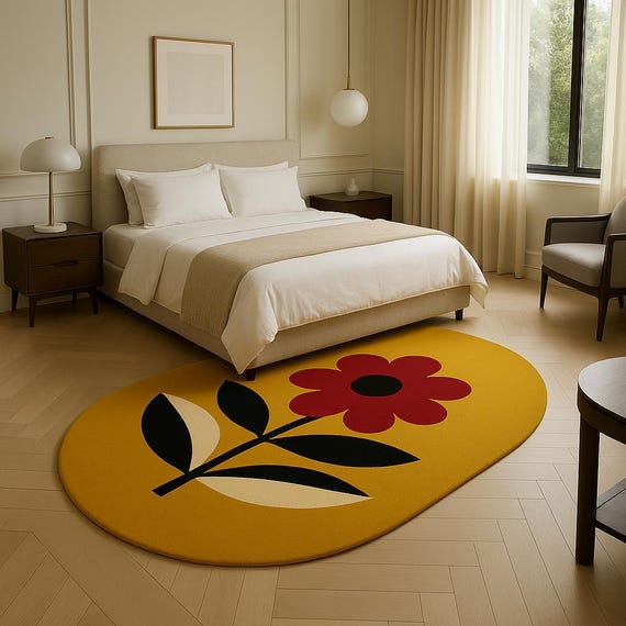 Floral Yellow Rug | Hand Tufted Wool Carpet | Modern Oval Bedroom Decor