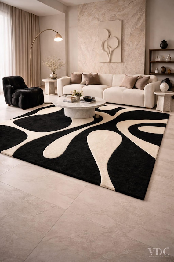 Black Light Beige Abstract Rug, Hand Tufted New Zealand Wool Area Rug