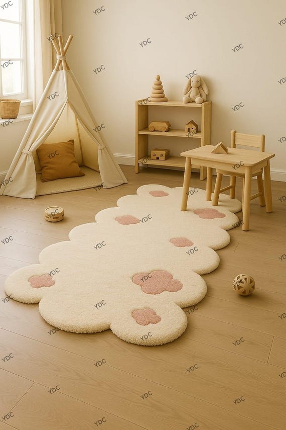 Handmade Wool Tufted Cloud Rug, Cream & Blush Pink Floral