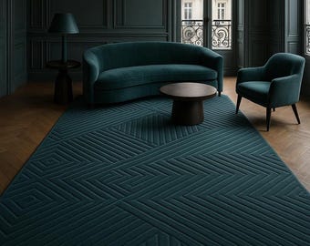 Modern Dark Teal Wool Rug • Textured Geometric Area Carpet • Custom Size Living Room Rug
