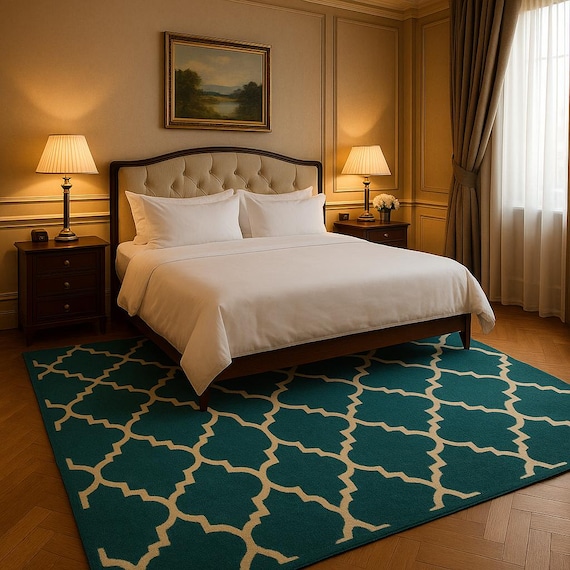 Teal Ogee Handmade Wool Rug, capturing its key characteristics for Home decor and office. By- YDC