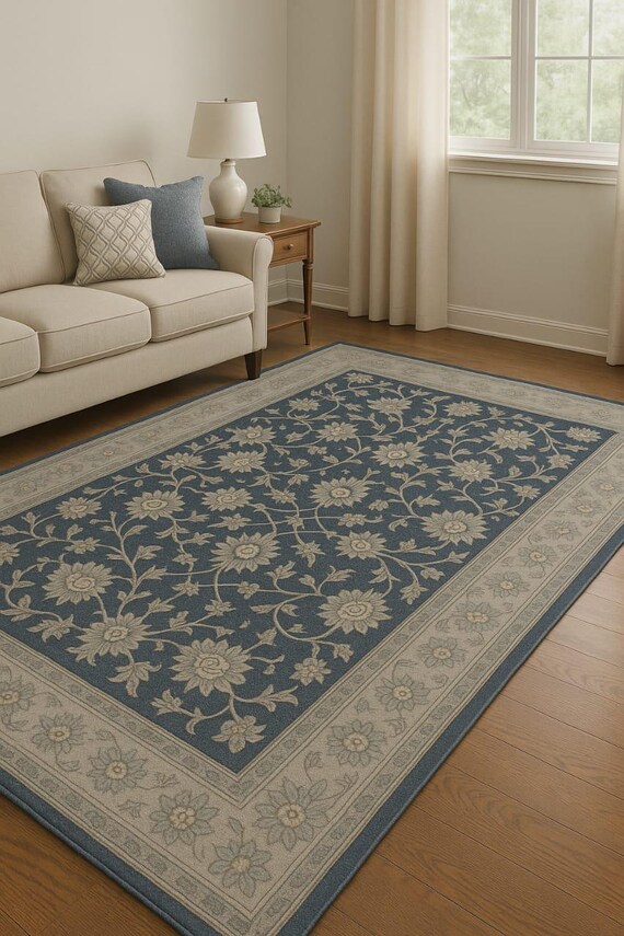 Hand-Tufted New Zealand Wool Rug: Powder Blue Persian Floral Carpet