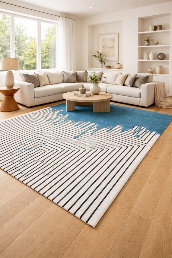 Modern Blue Abstract Rug, Hand Tufted New Zealand Wool Living Room Carpet