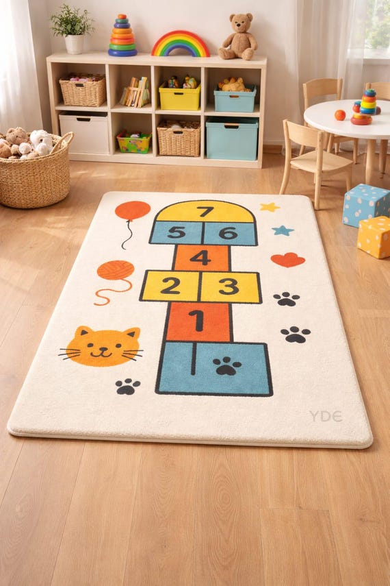 Hopscotch Kids Play Rug, Hand Tufted New Zealand Wool Educational Nursery Carpet