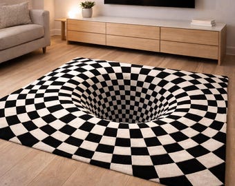 3D Illusion Checkerboard Rug – Hand Tufted Black & White Optical New Zealand Wool Rug