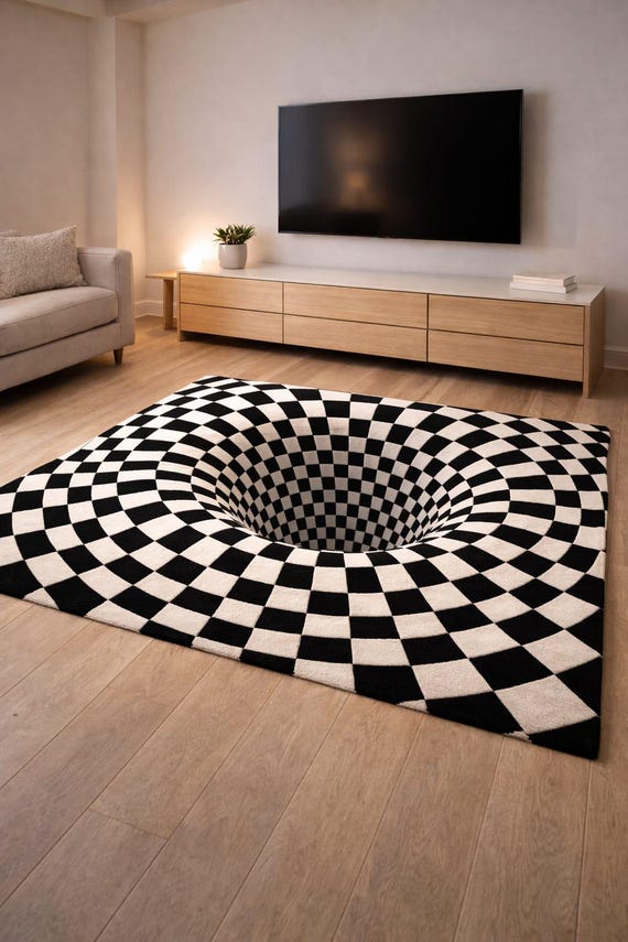 3D Illusion Checkerboard Rug – Hand Tufted Black & White Optical New Zealand Wool Rug