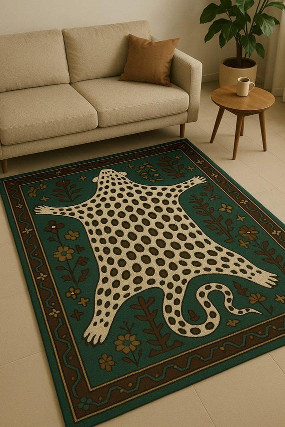 Leopard Motif, Botanical Border: Handmade New Zealand Wool Rug