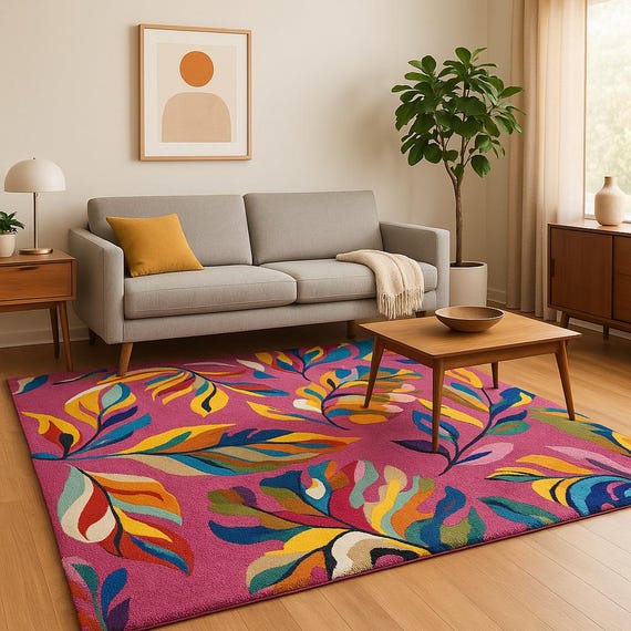 Hand Tufted Pink Wool Rug: Botanical Leaves, Modern Artisan Carpet