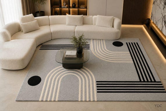 Hand Tufted Geometric Area Rug – Modern Gray Black & Cream Wool Carpet