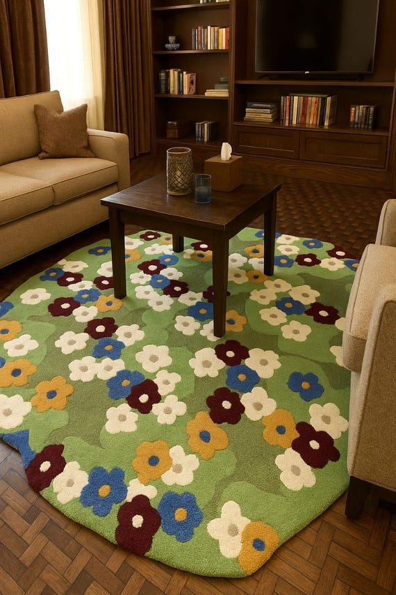 Hand Tufted Floral Wool Rug, Organic Shape Colorful Flower Area Rug for Living Room