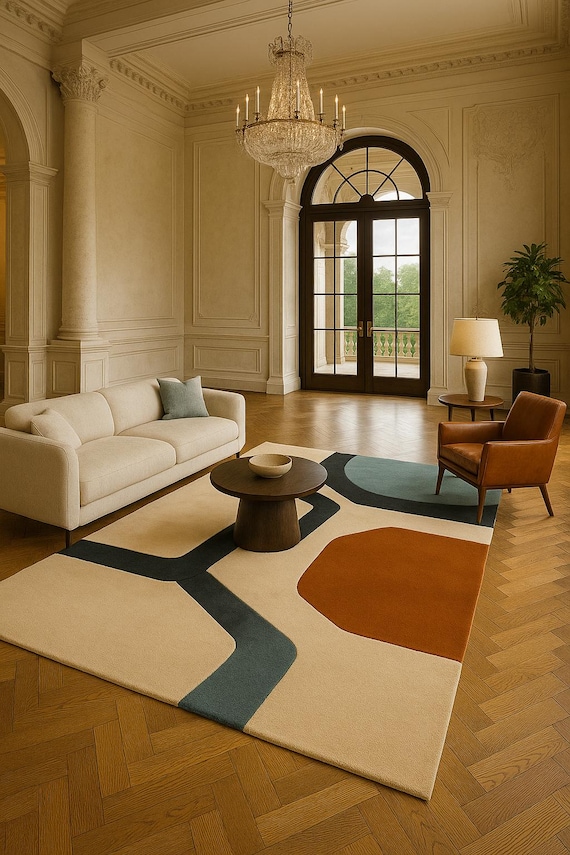 Abstract Hand Tufted Wool Rug, Modern Area Rug for Living Room & Bedroom