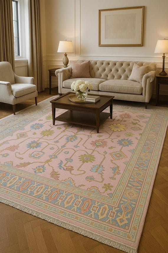 Hand Knotted Oushak Rug: Pastel Pink Sweet Bonnie Wool, Soft Blue Border