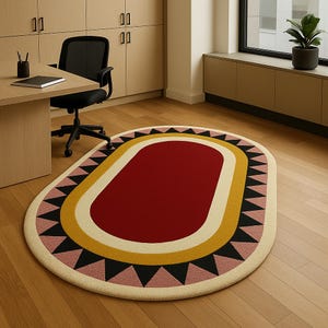 May include: A large oval rug with a red center surrounded by yellow, black, and pink geometric patterns. The rug is on a wooden floor.