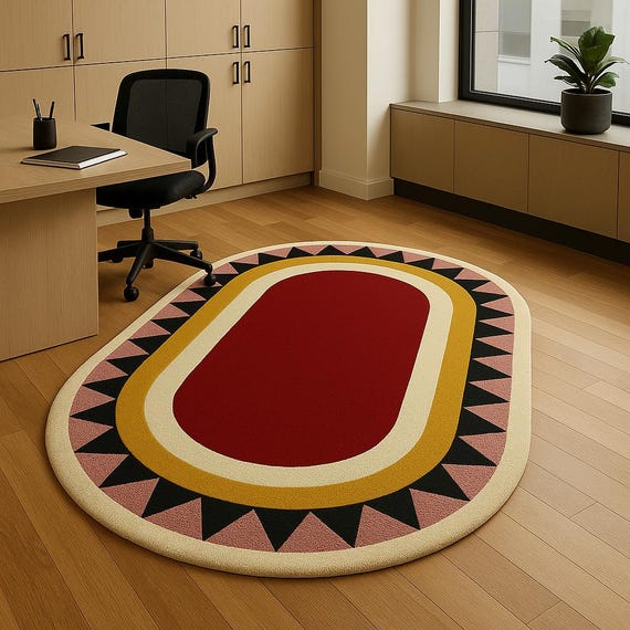 Hand Tufted New Zealand Wool Oval Rug: Retro Geometric Multicolor Border