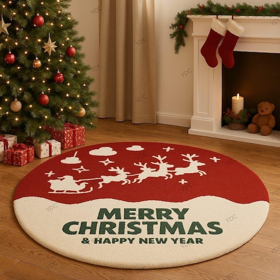 Christmas Round Rug | Merry Christmas Wool Carpet | Holiday Decor | Santa Reindeer