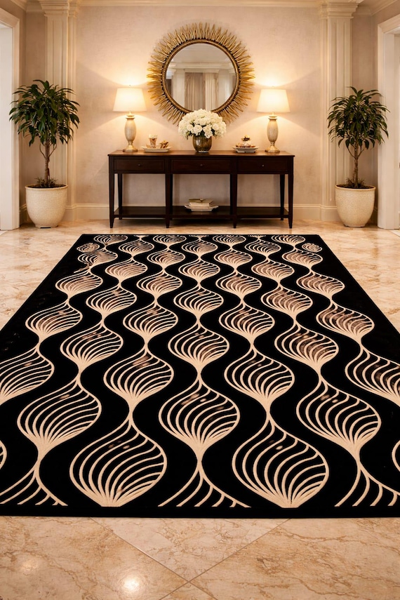 Hand Tufted Modern Abstract Area Rug New Zealand Wool – Black & Beige Living Room