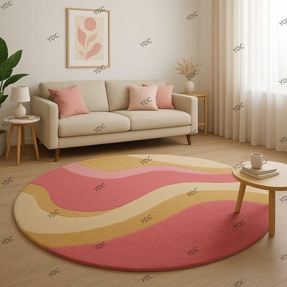 Modern Wavy Round Rug | Hand-Tufted Wool Carpet | Pink & Yellow Living Room Decor