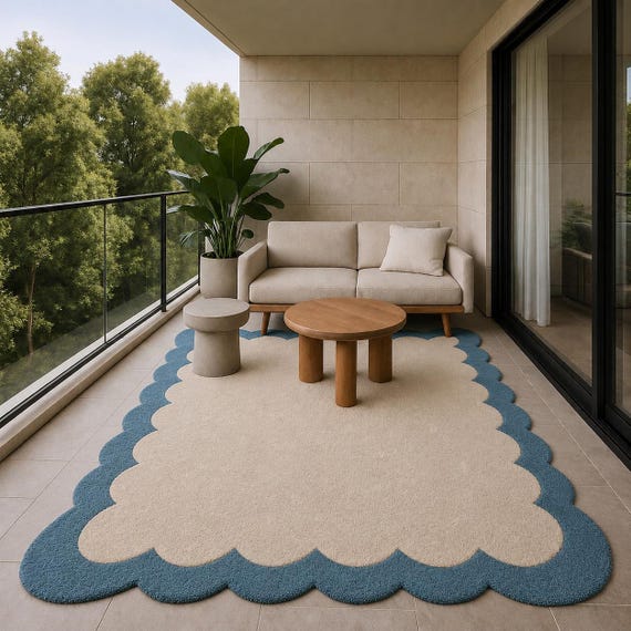 Hand Tufted Scalloped Wool Area Rug, Blue Cream Modern Rug, Custom Shape Carpet