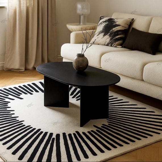 Black White Sunburst Area Rug, Hand Tufted New Zealand Wool Modern Abstract Carpet
