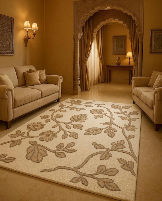 Hand Tufted New Zealand Wool Rug: Floral Vine, Neutral 8x10 Area Rug