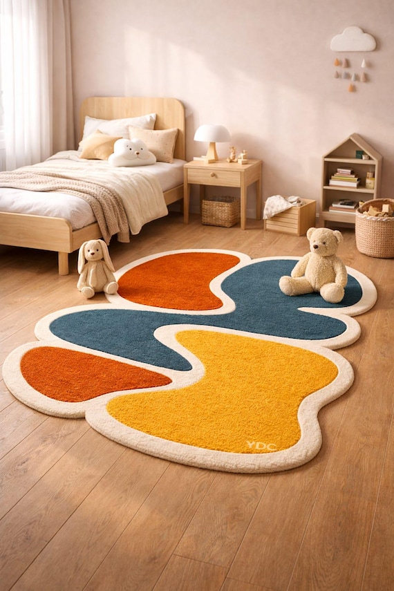 Colorful Abstract Shape Rug, Hand Tufted Wool Modern Irregular Area Rug