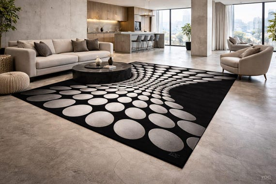 Aesthetic hand tufted wool rug with dark background and light lines resembles natural pattern for home decor, office, kids room and more.