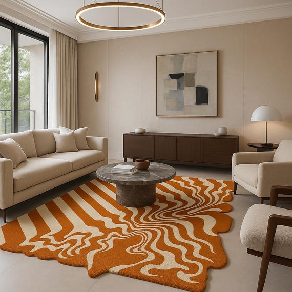 Modern Abstract Ripple Rug | Hand Tufted Wool Carpet | Wavy Orange Home Decor
