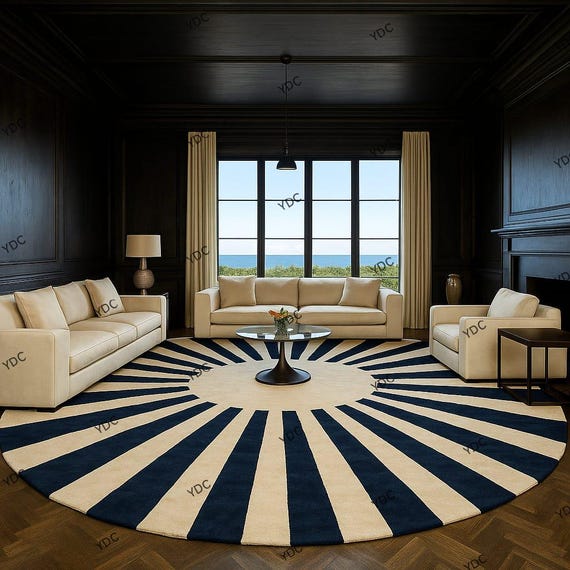 Sunburst Round Rug | Modern Blue Wool Carpet | Hand-Tufted Luxury Living Room Decor